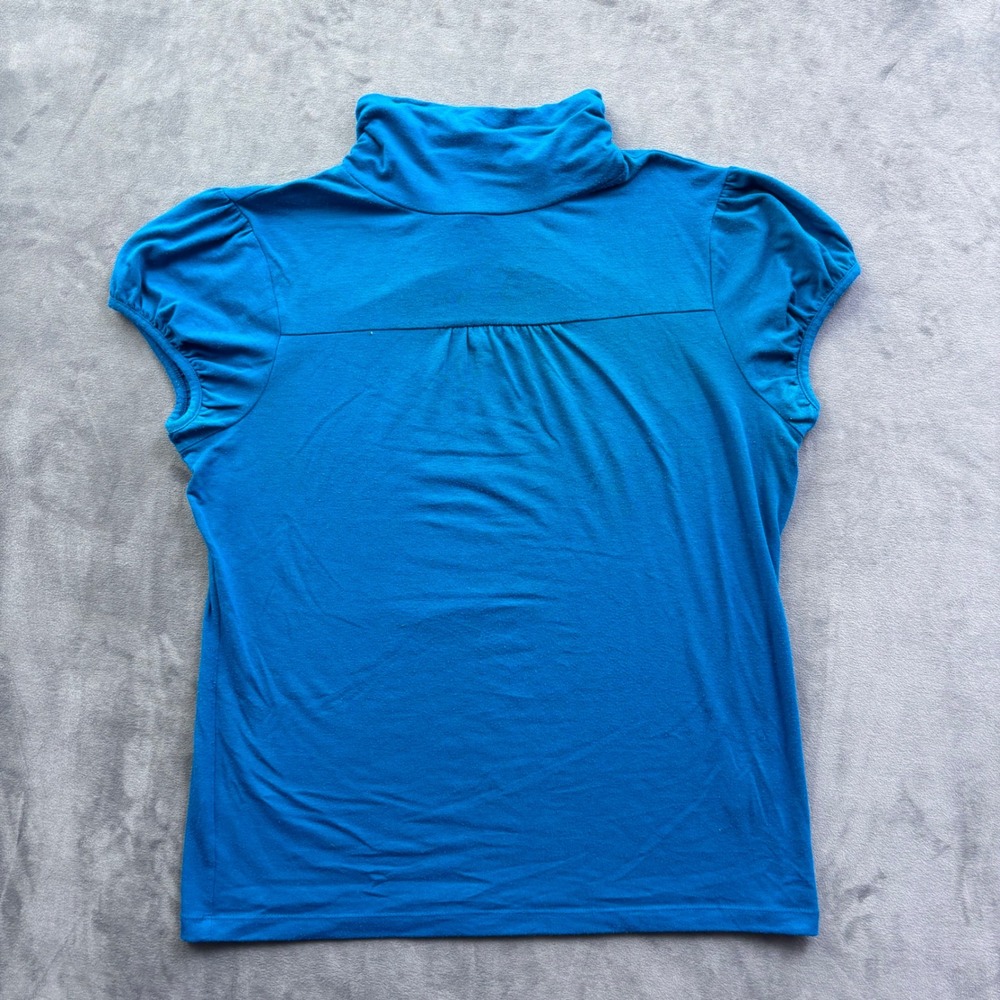 Banana Republic Petite Teal Blue Mock Neck Short Sleeve Button Back Top PL